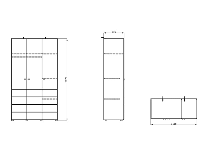 Nevaris White Narrow 3 Door Space-Saving 117cm Wide Wardrobe - 11014949