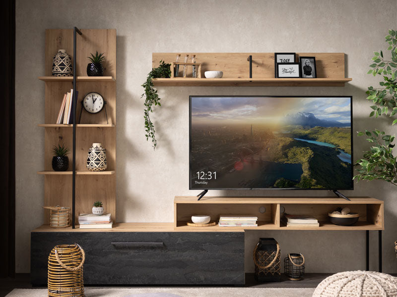 Zafora Artisan Oak Effect And Black Entertaiment Center Wall TV Cabinet - 11011202