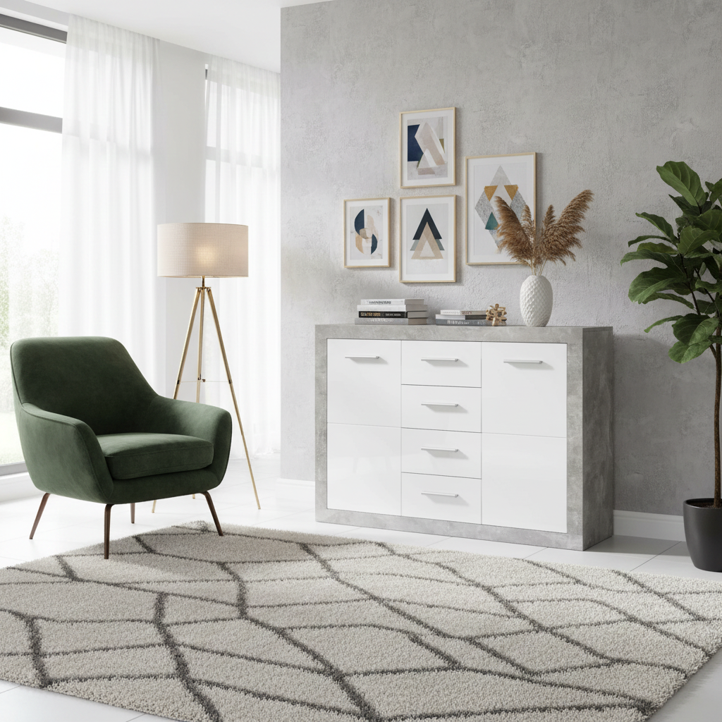 Cementara Concrete Grey and White High Gloss Sideboard 117cm Wide P9BBGS56