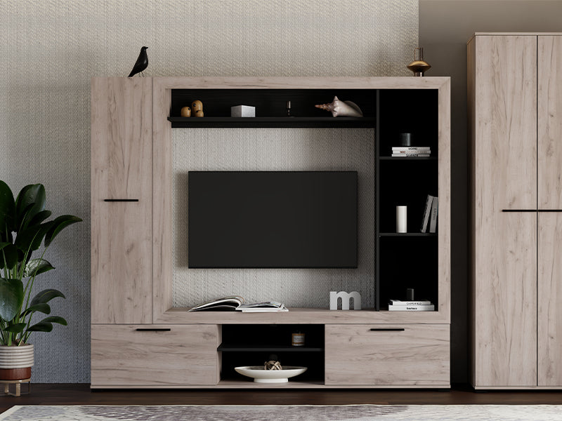 Lorenza Grey Oak Effect And Black Compact Entertaiment Unit Wall TV Cabinet - 11014757