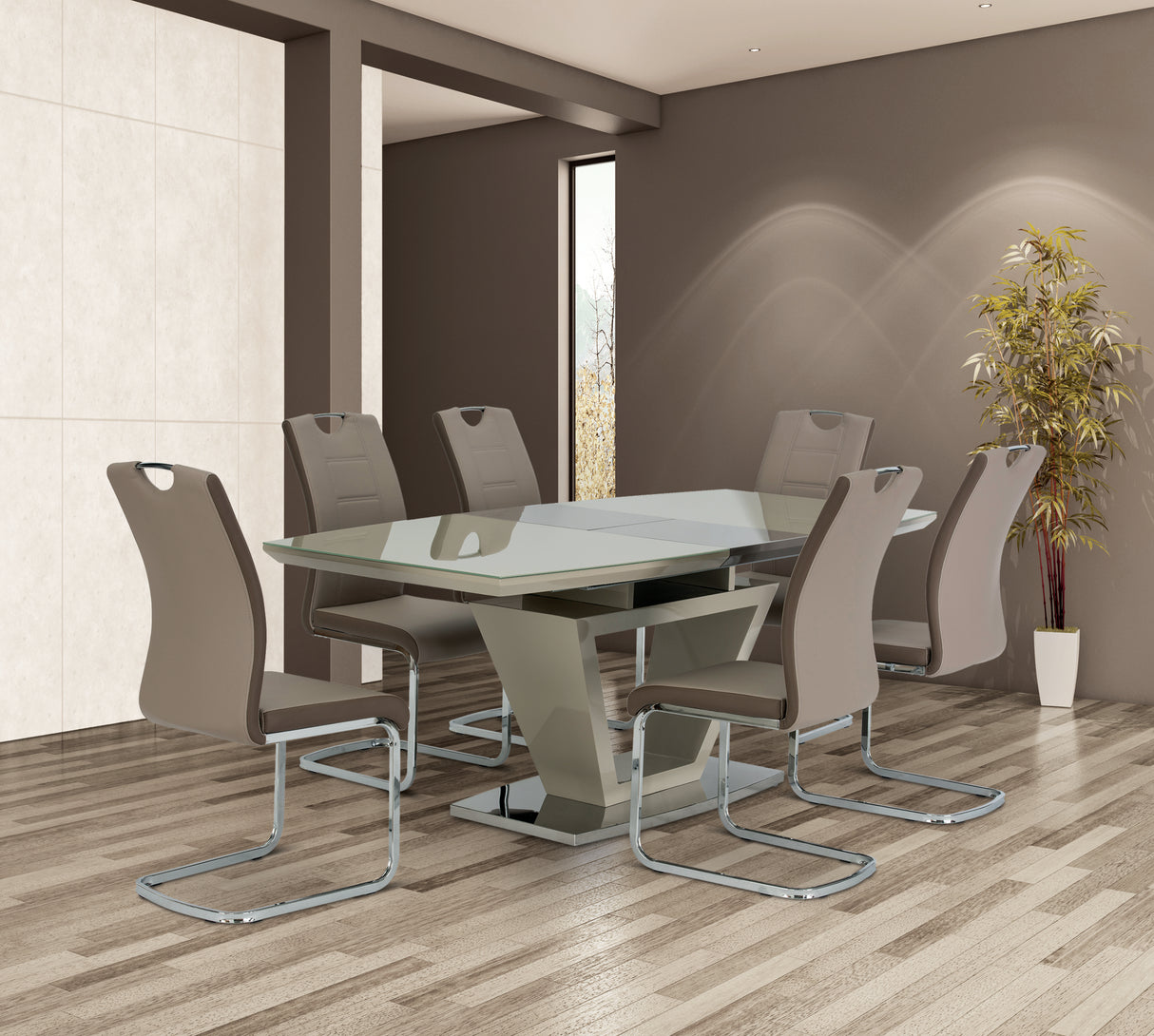 Asfen 1.6m Latte Glass Extending Dining Table with Glass Base