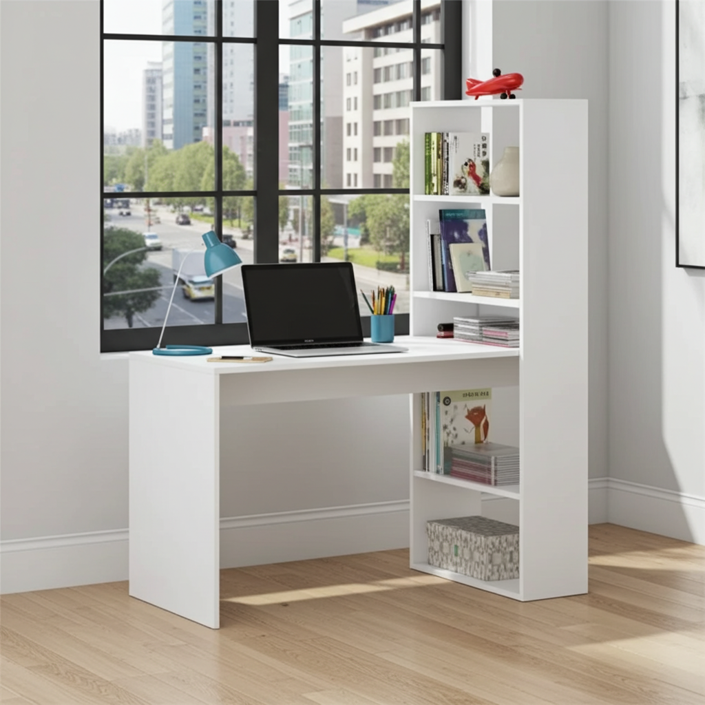 Bronya White Computer Desk Workstation with Bookcase- 008314A