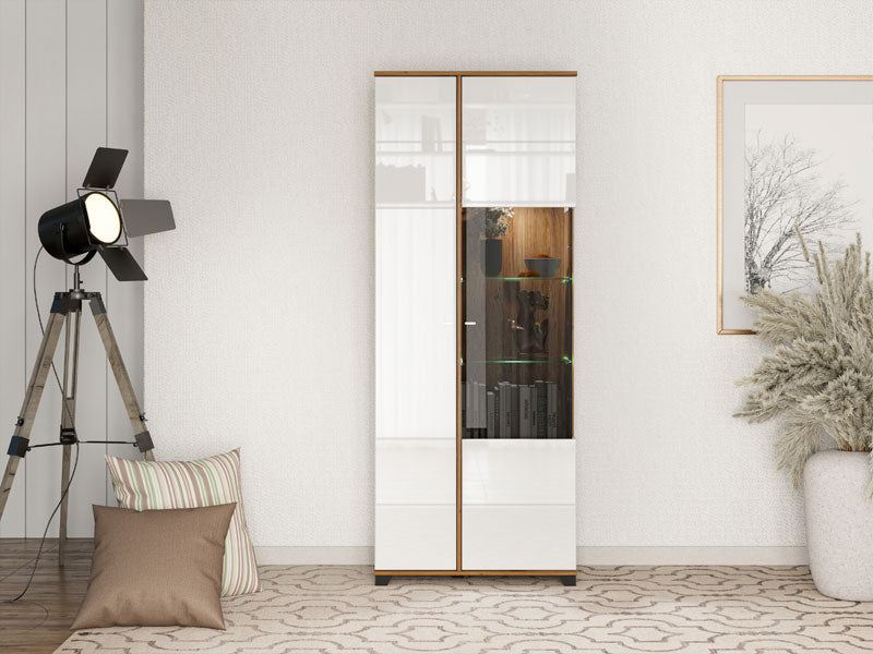 Burgundy White High Gloss And Warm Oak Effect Tall 2 Door Showcase Display Cabinet 11012062 RZ