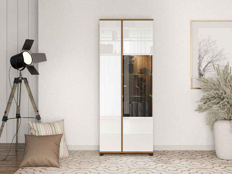 Burgundy White High Gloss And Warm Oak Effect Tall 2 Door Showcase Display Cabinet 11012062 RZ