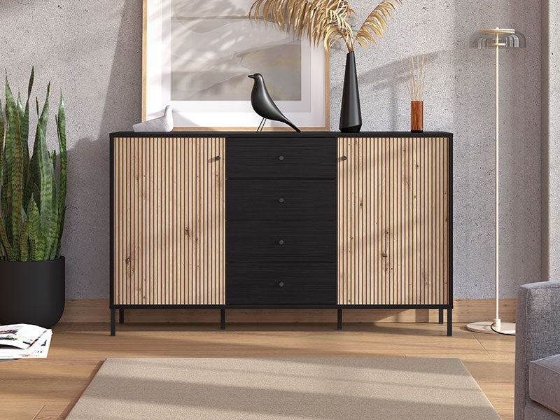 Correze Slatted Artisan Oak Effect And Black 157cm 2 Door 4 Drawer Sideboard 11013540 RZ
