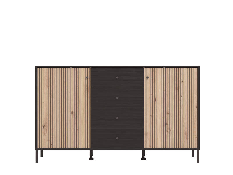 Correze Slatted Artisan Oak Effect And Black 157cm 2 Door 4 Drawer Sideboard 11013540 RZ