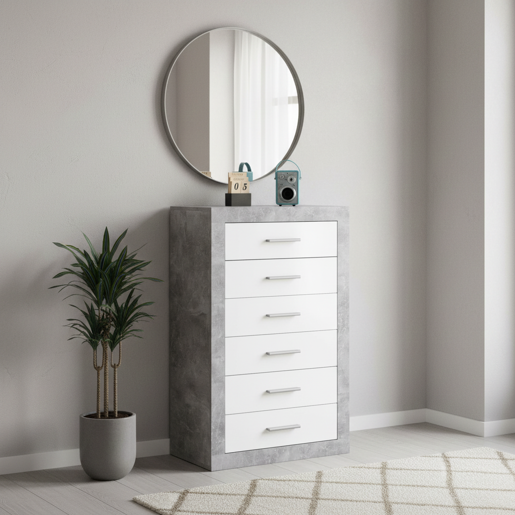 Cementara Concrete Grey and White High Gloss Tallboy Chest of Drawers P9BBGS46