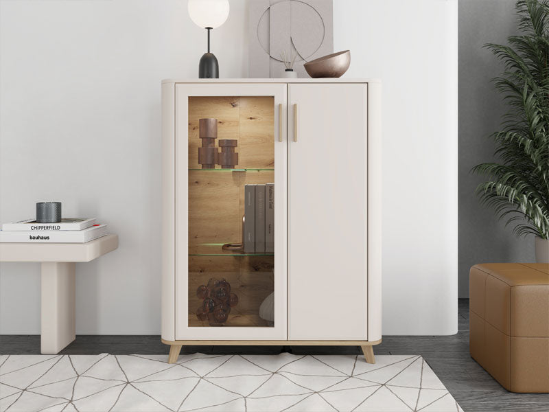 Barwen Cashmere And Oak Effect Low 2 Door Showcase Display Cabinet Unit - 11014452