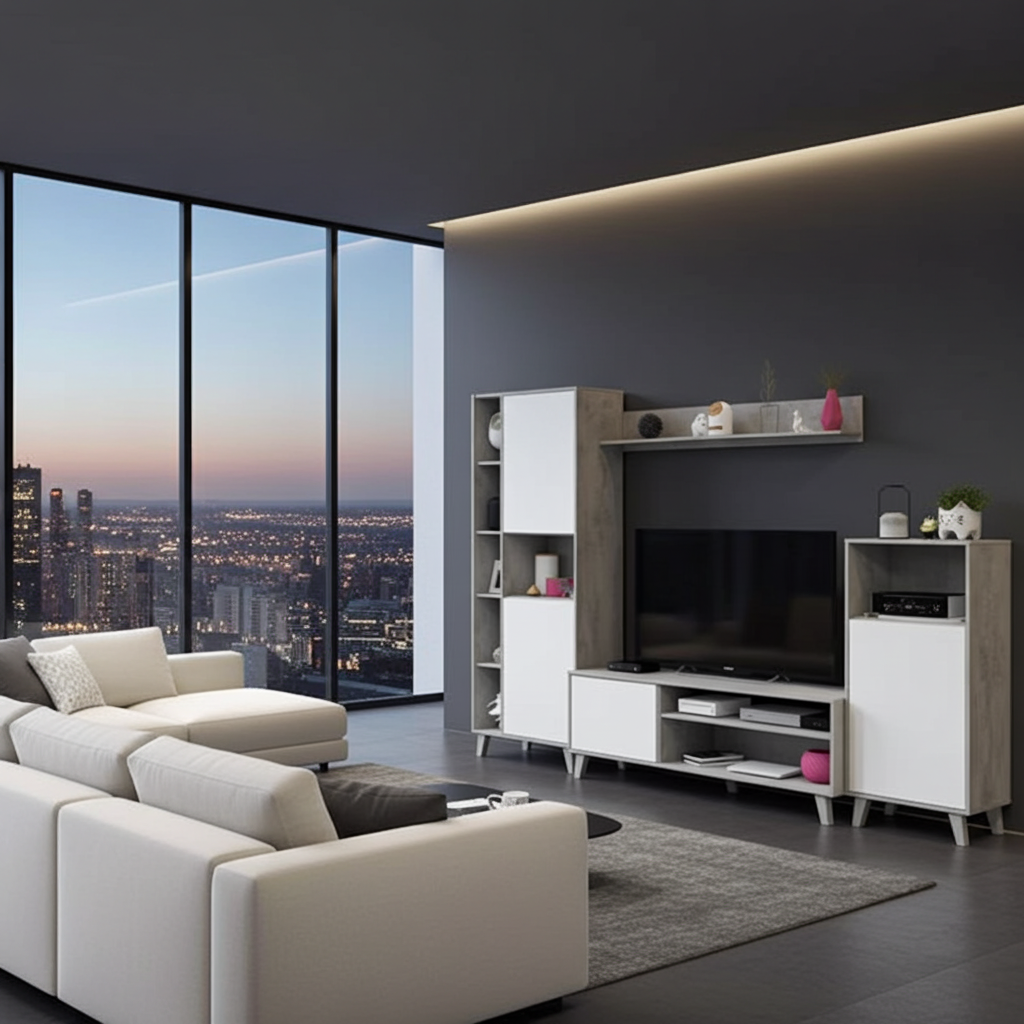 Kenzo White And Concrete Grey Effect Large TV Entertainment Wall Unit Cabinet 016686L