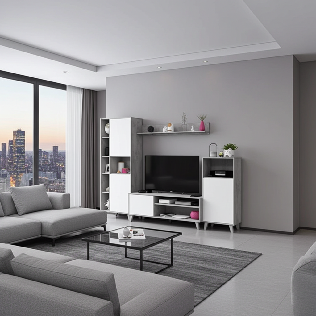 Kenzo White And Concrete Grey Effect Large TV Entertainment Wall Unit Cabinet 016686L