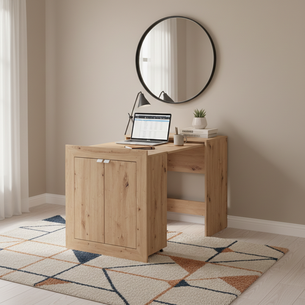 Eudox Oak Effect Pullout Space Saving Hideaway Storage Computer Convertible Desk
