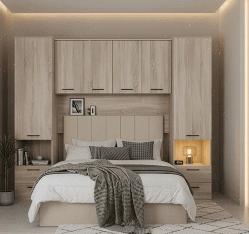 Miracle Sonoma Oak Effect Overbed Unit with Double or Kingsize Bed Bedroom Furniture SET - 3152/MIA