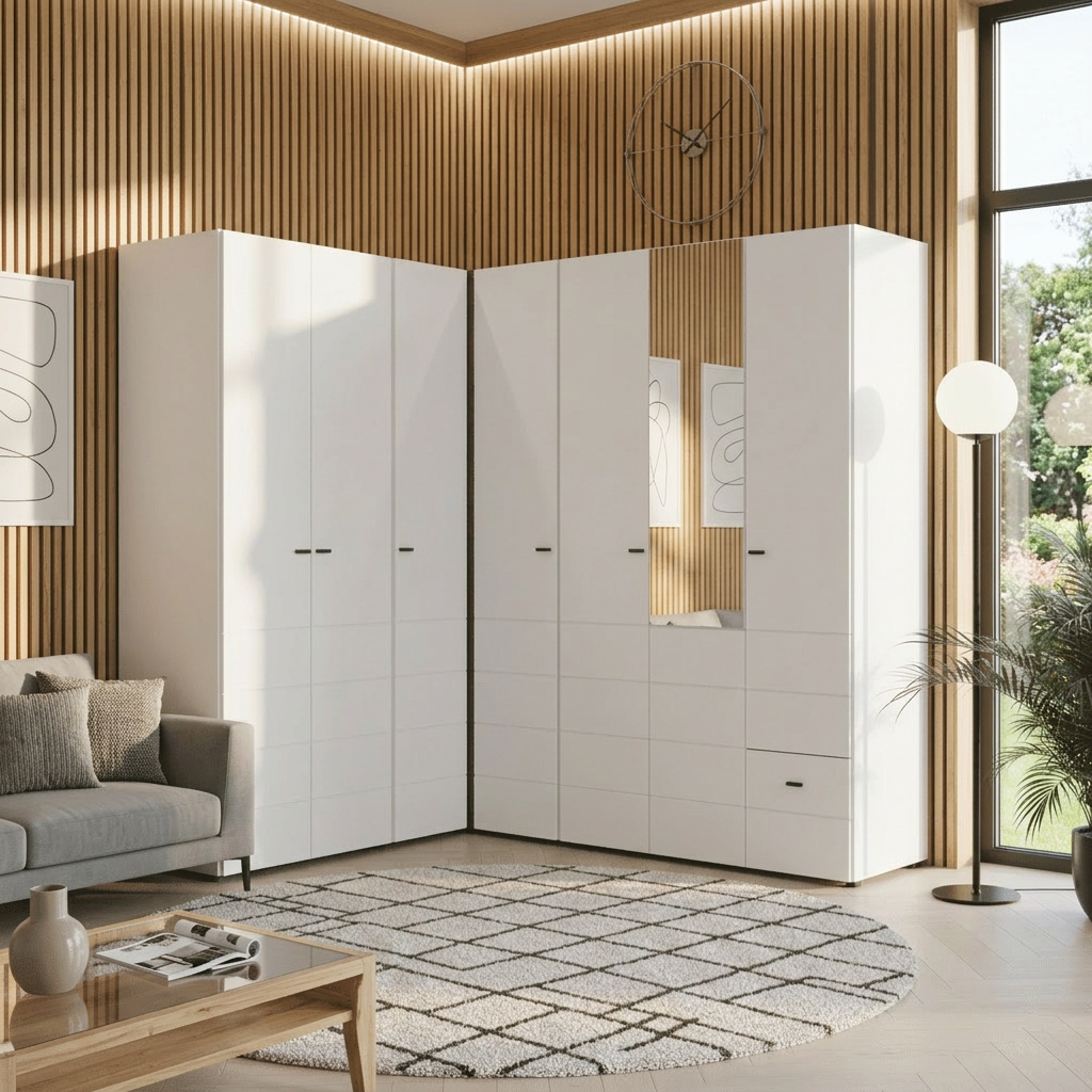 Nevaris White 3 Piece Large Corner Bedroom Wardrobe Modular Set