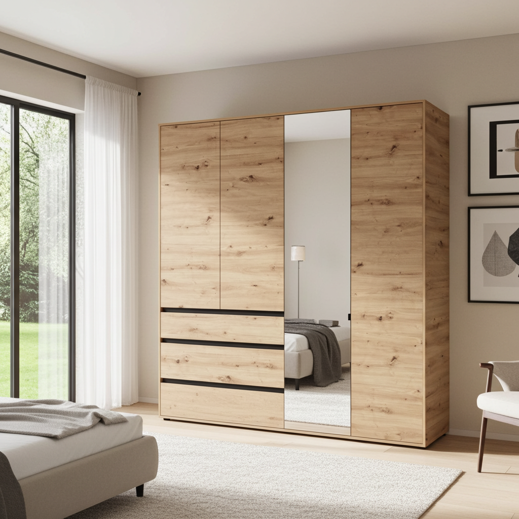 Bellington Artisan Oak Effect 4 Door 3 Drawer Mirrored Wardrobe - 11014097