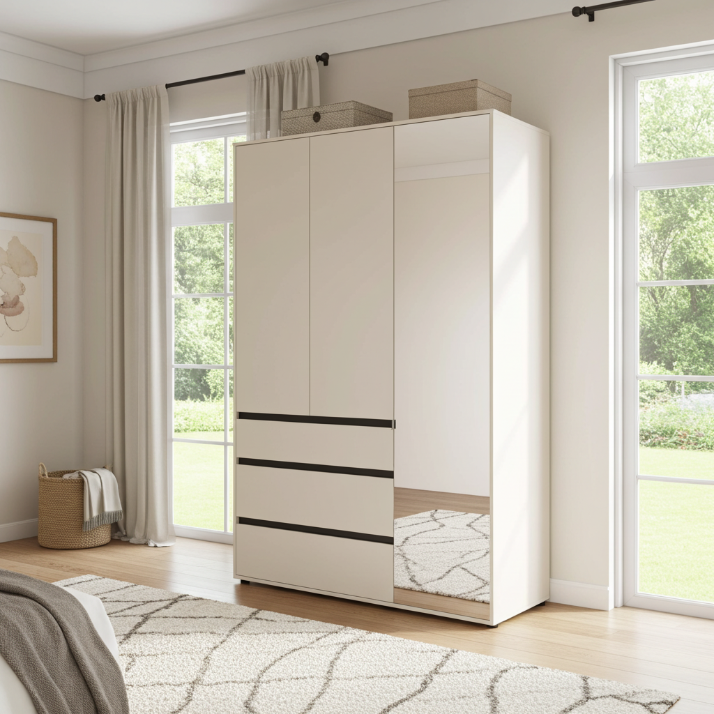 Bellington Matte Cashmere 3 Door 3 Drawer Mirrored Wardrobe - 11014290