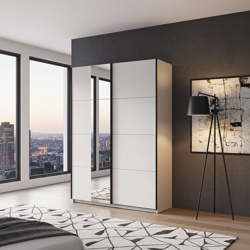 Raya White Mirrored Sliding Door Wardrobe 145cm - 11013481