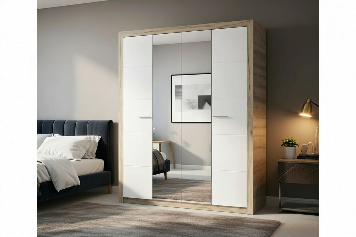 Selina Mirrored 4 Door Grey Oak and White Gloss Wardrobe With Shelves And Hanging Space - 11008706