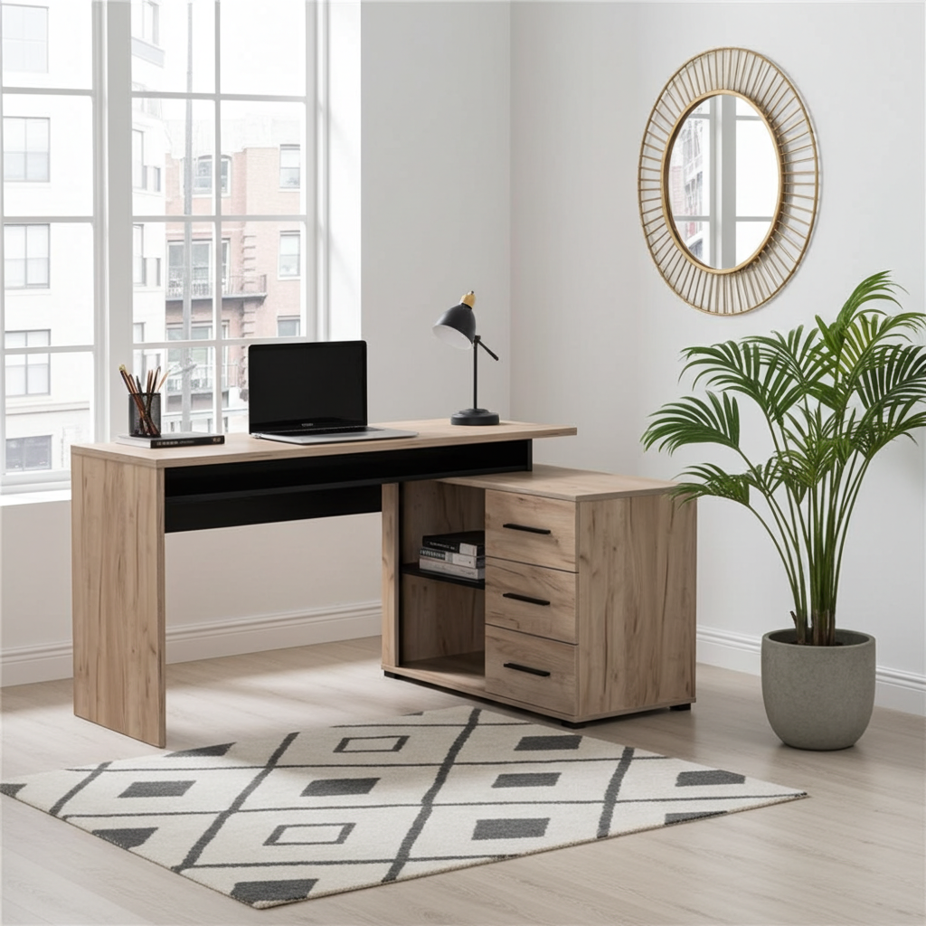 Lyon Oak and Black Large Corner Desk With Drawers - 11008666