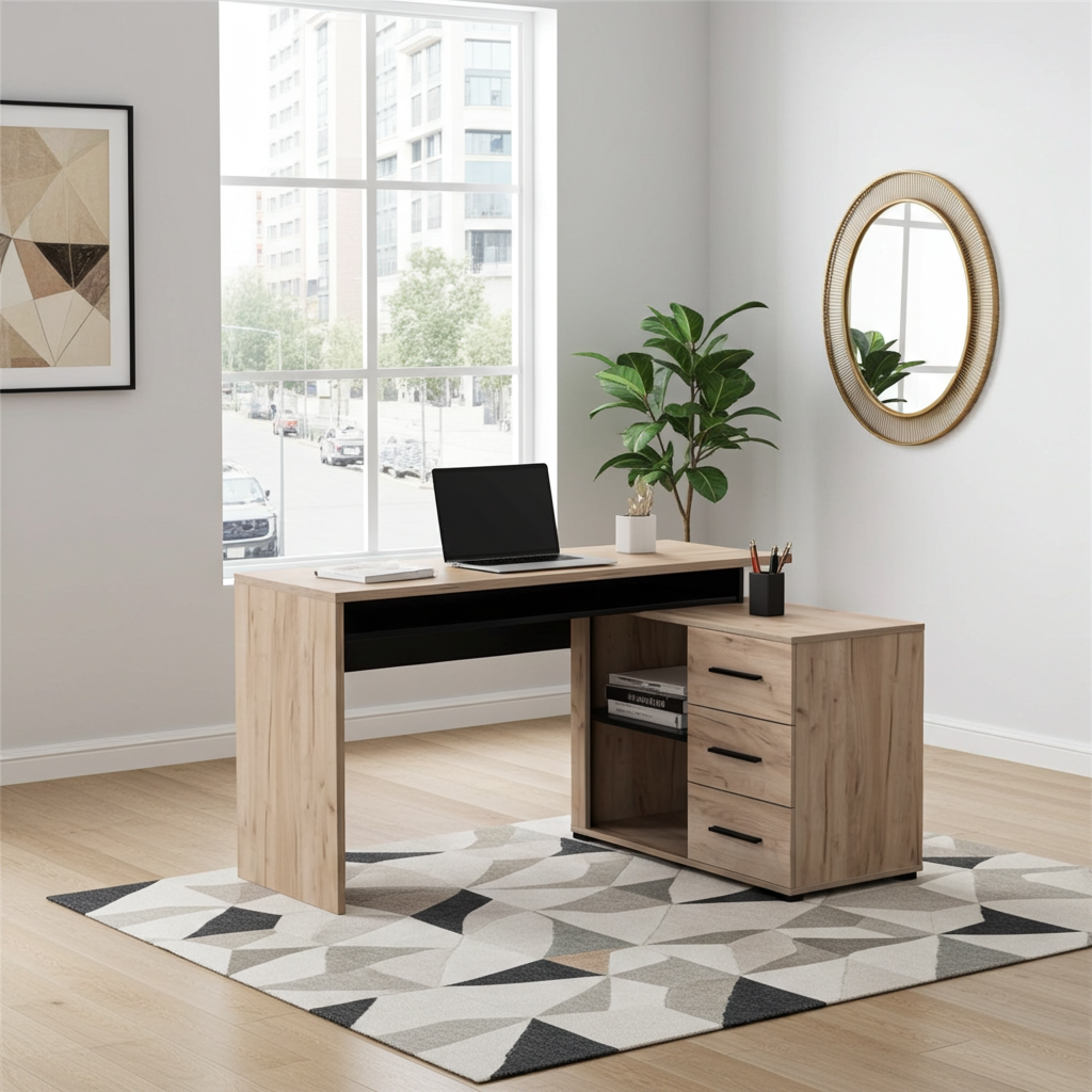 Lyon Oak and Black Large Corner Desk With Drawers - 11008666