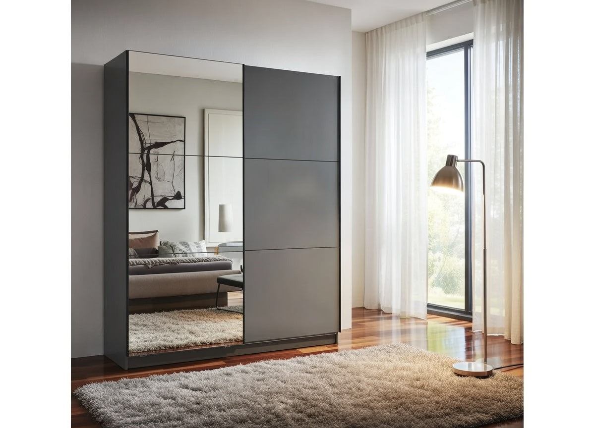 Palma Grey And Mirrored Sliding Door Wardrobe 180cm- 11011120