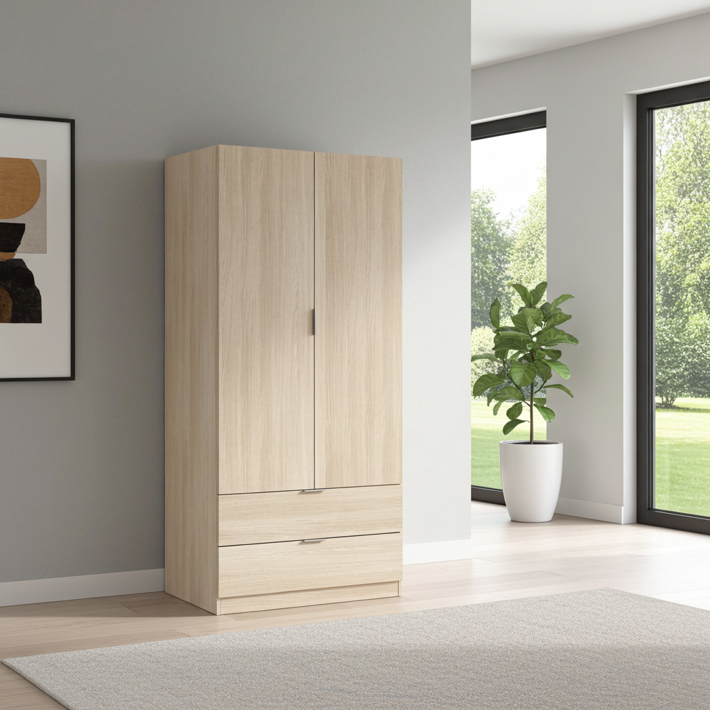 Spinda Oak Effect Compact Narrow 2 Door 2 Drawer Space-Saving Wardrobe 81cm Wide - 00X222R