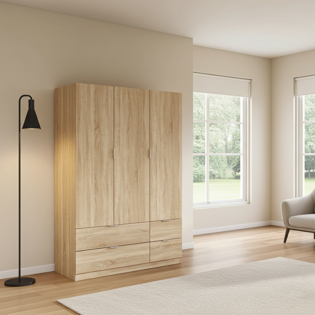 Spinda Canadian Oak Effect 3 Door 4 Drawer Space-Saving Wardrobe 135cm Wide- LCX453F