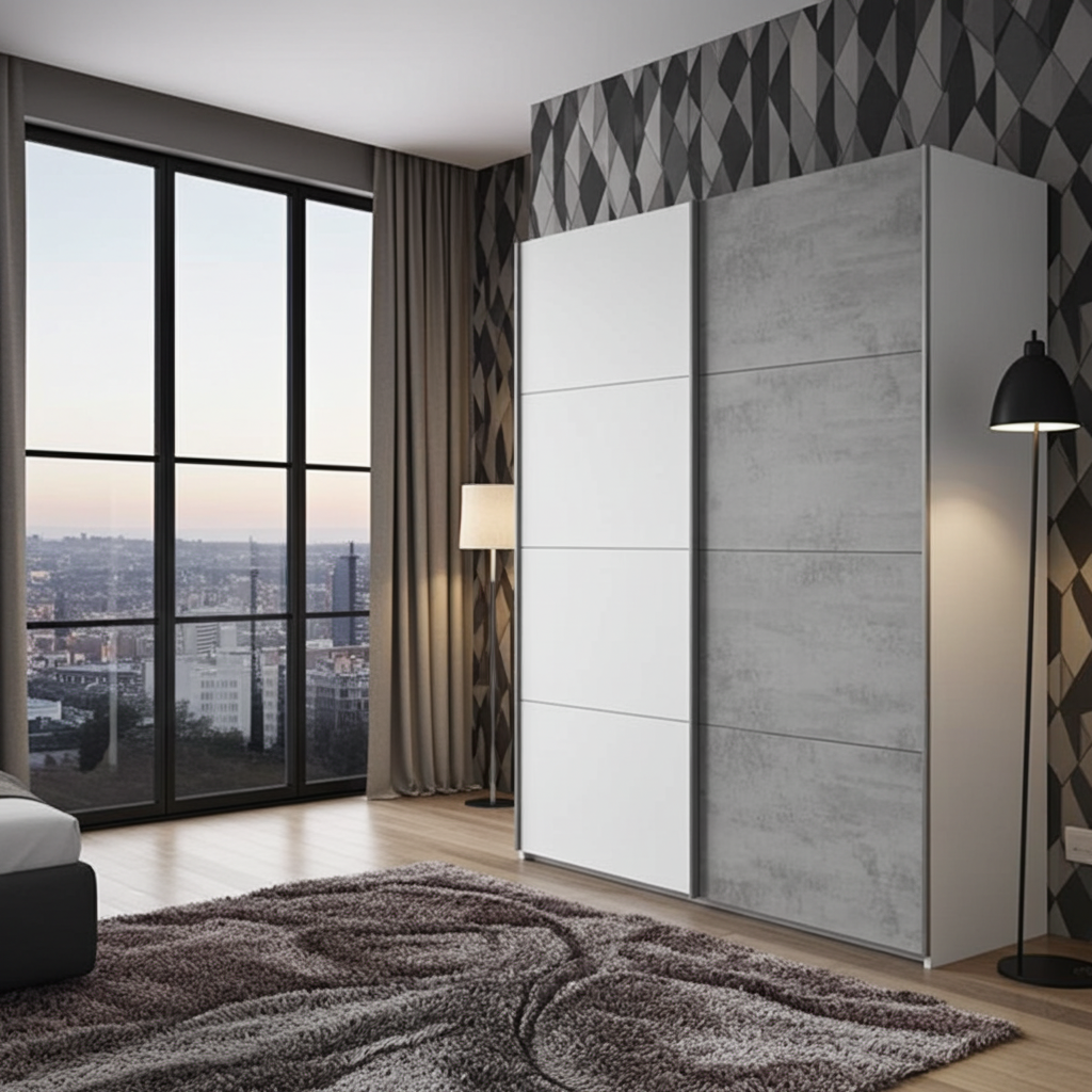Lina White and Concrete Grey Effect Sliding 2 Door Wardrobe 150cm Wide - ARM154A