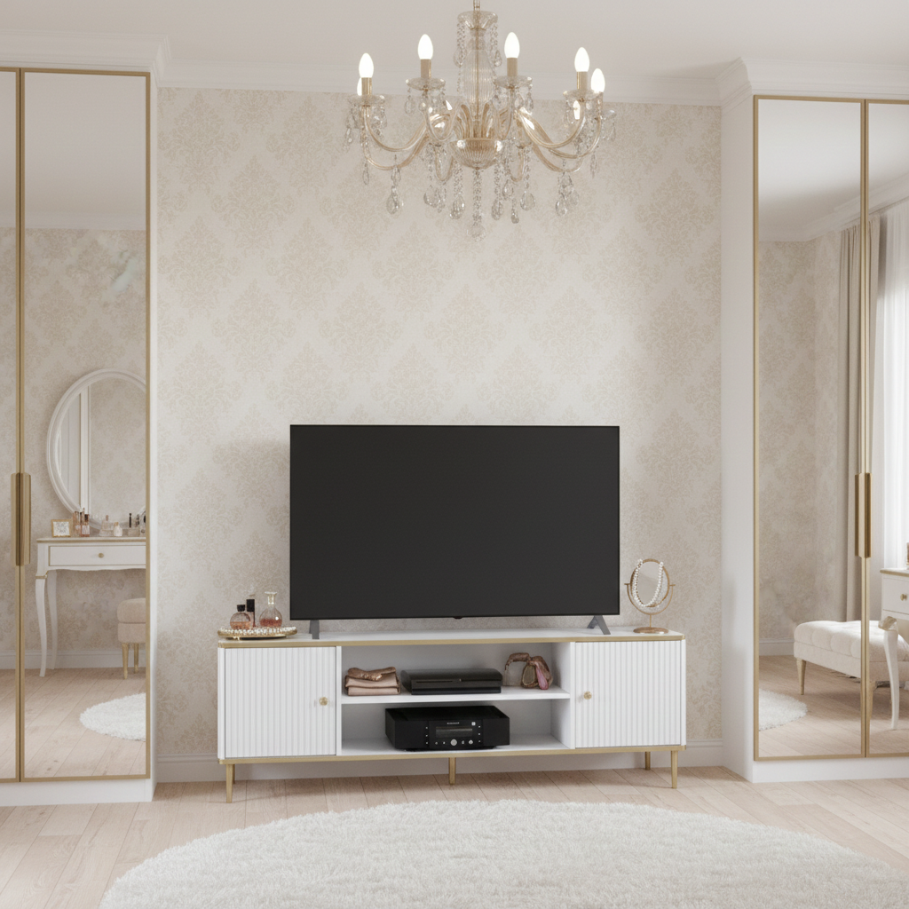 Camelienne Slatted White And Gold Elegant Large TV Cabinet With 2 Doors 3147RZ