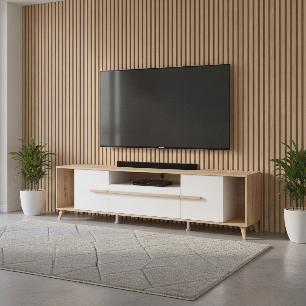 Orleans Oak Effect And White 189cm Wide TV Unit Cabinet With Storage 11013346