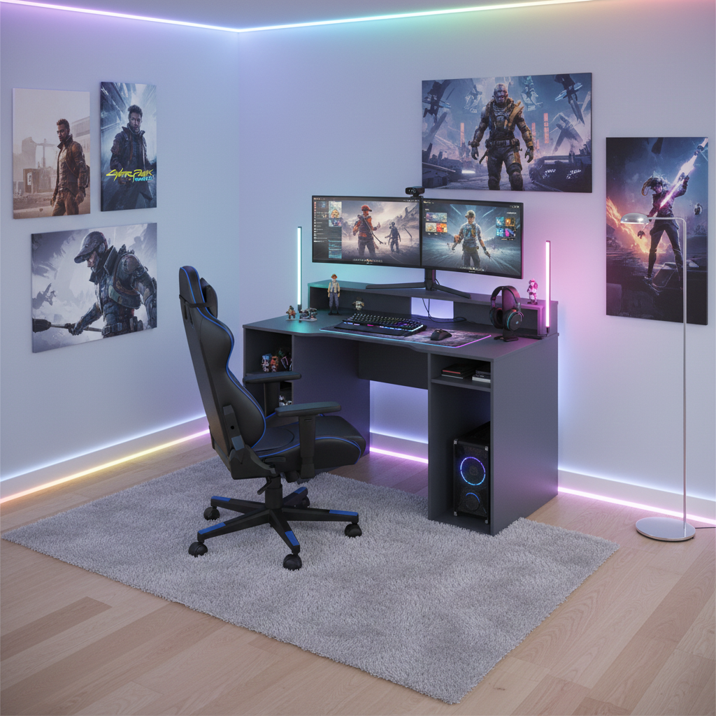 Rafa Gaming Desk in Dark Grey with Hutch and Storage- 004601Z