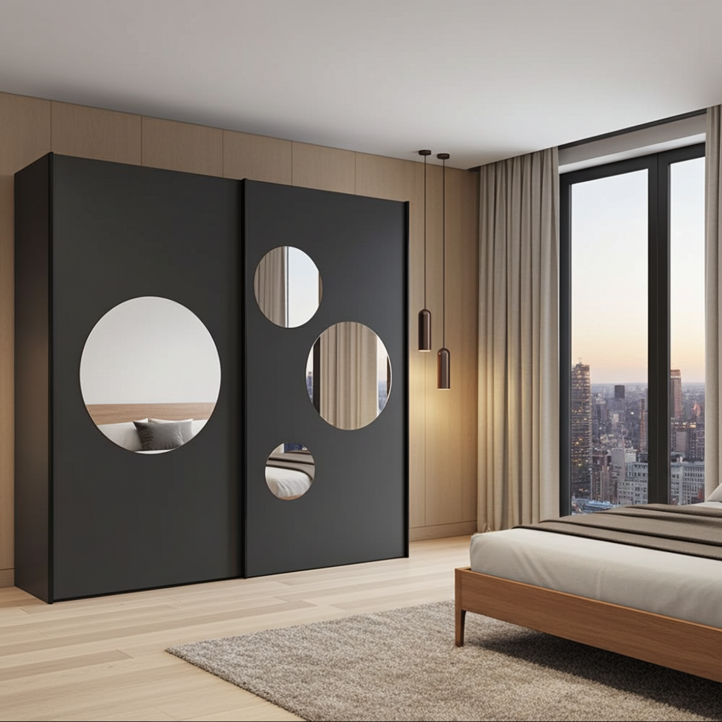 Cullinan Dark Grey Large 219cm Sliding Door Wardrobe With Round Mirrors - 8XGMS202