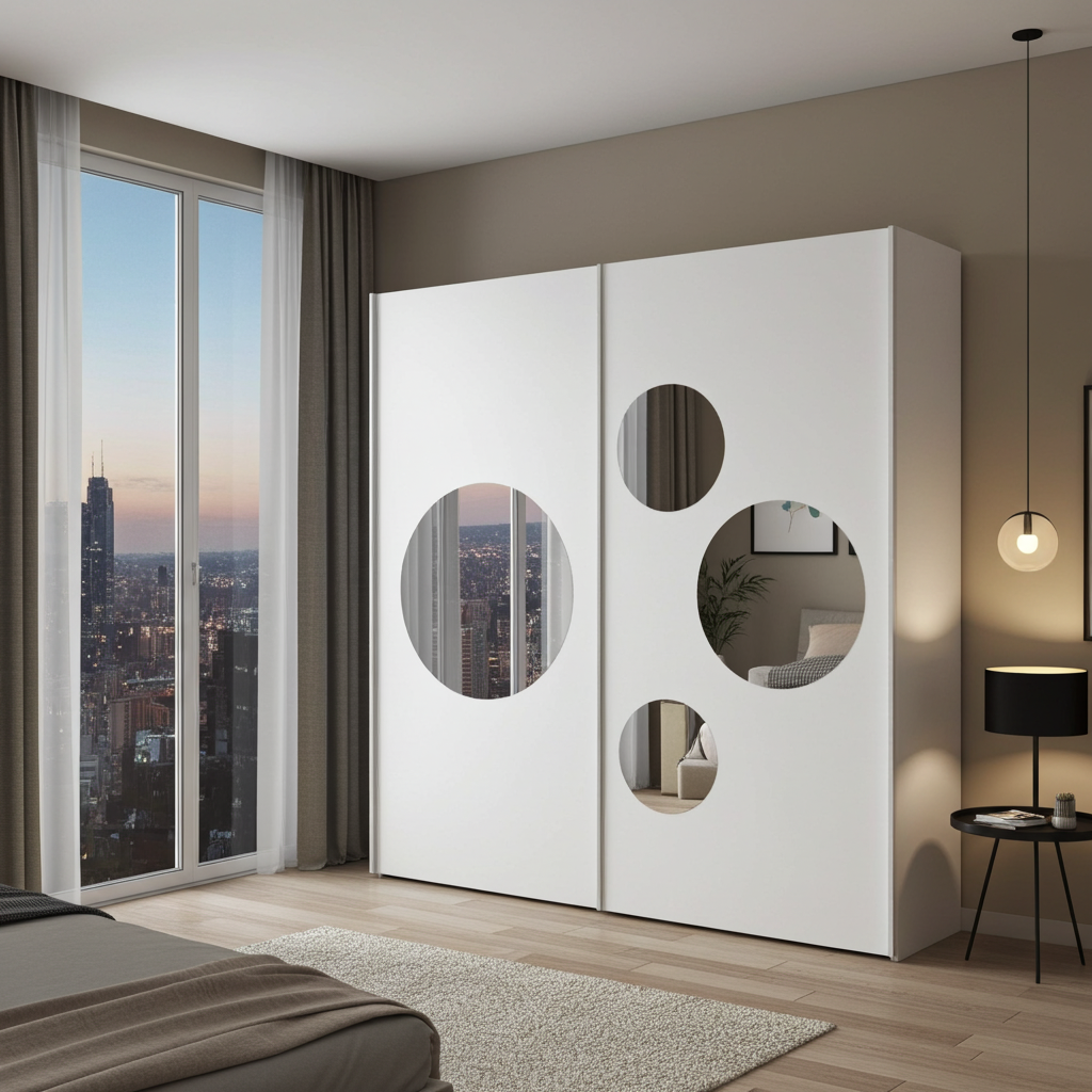 Cullinan White Large 219cm Sliding Door Wardrobe With Round Mirrors - 8XIKS102
