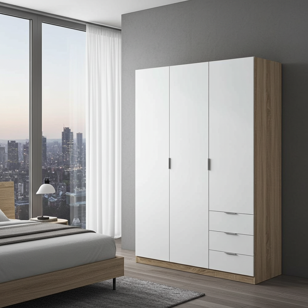 Spinda Artic White & Oak Effect Narrow 3 Door 3 Drawer Space-Saving Wardrobe 121cm - LC1323F