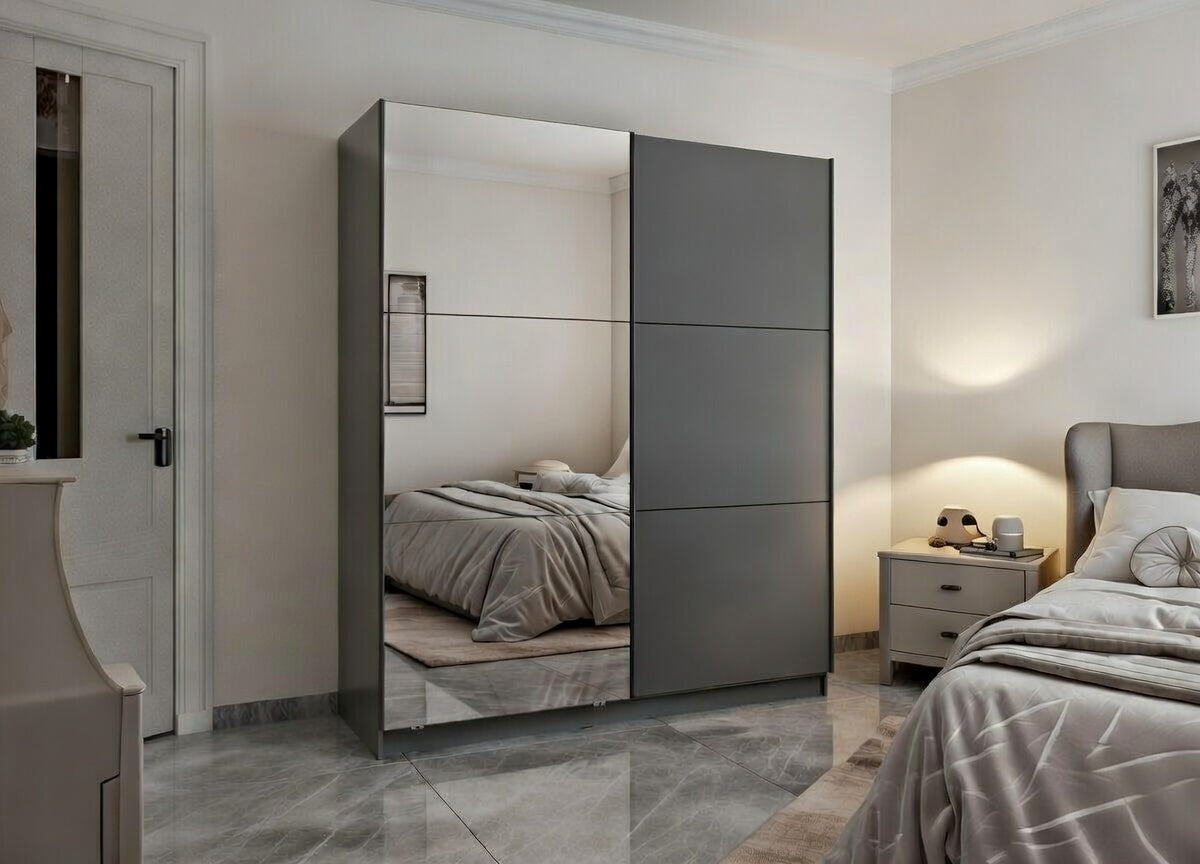 Palma Grey And Mirrored Sliding Door Wardrobe 180cm- 11011120