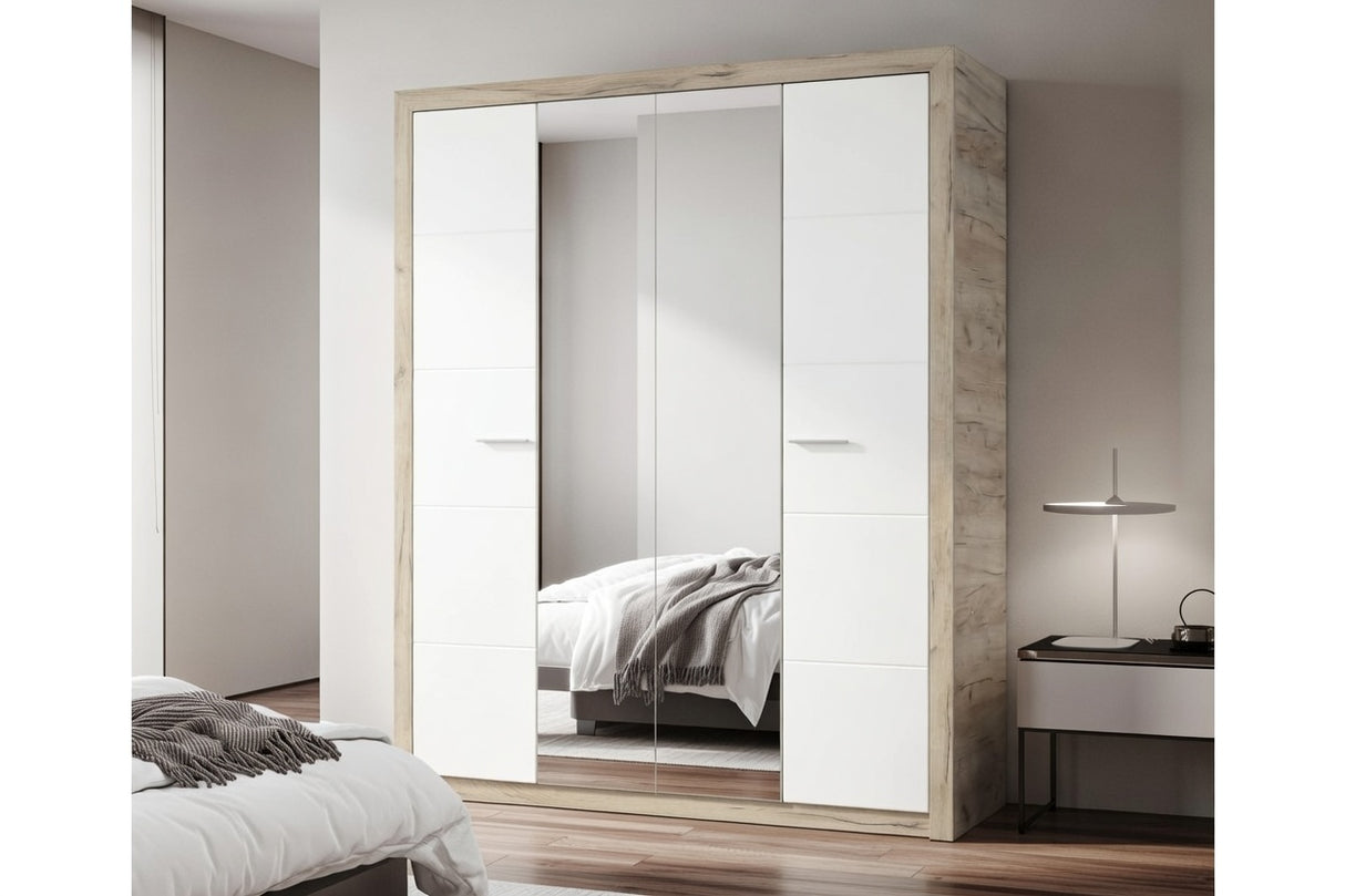 Selina Mirrored 4 Door Grey Oak and White Gloss Wardrobe With Shelves And Hanging Space - 11008706