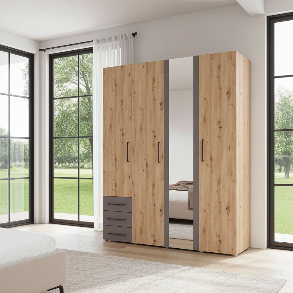 York Artisan Oak Effect And Grey 4 Door 3 Drawer Wardrobe - 11012156