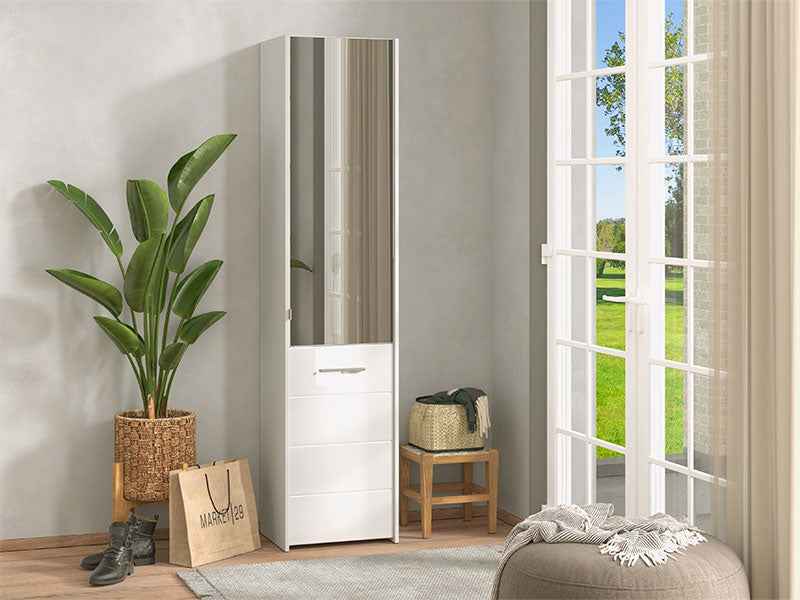 Lisbon White Mirrored 1 Door 30 Pair Tall Slim Shoe Cabinet Cupboard - 11012393