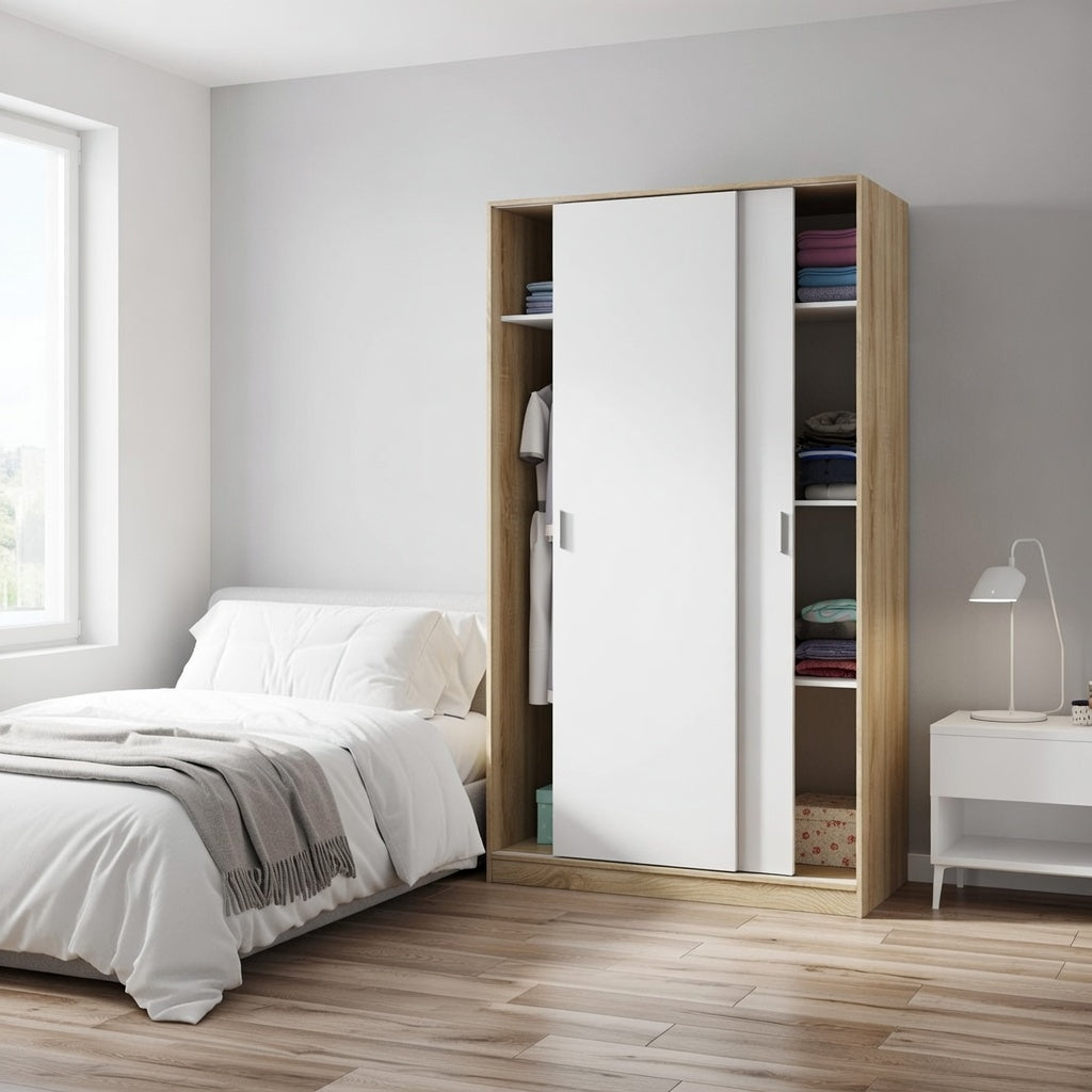 Evana Artic White and Oak Effect Small Narrow Sliding 2 Door Wardrobe 120cm Wide - TOP120F