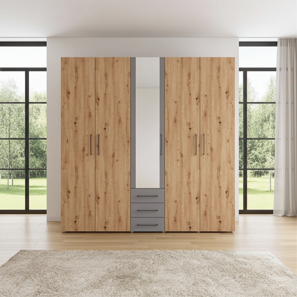 York Oak Effect And Grey 5 Door 3 Drawer Wardrobe - 11012287