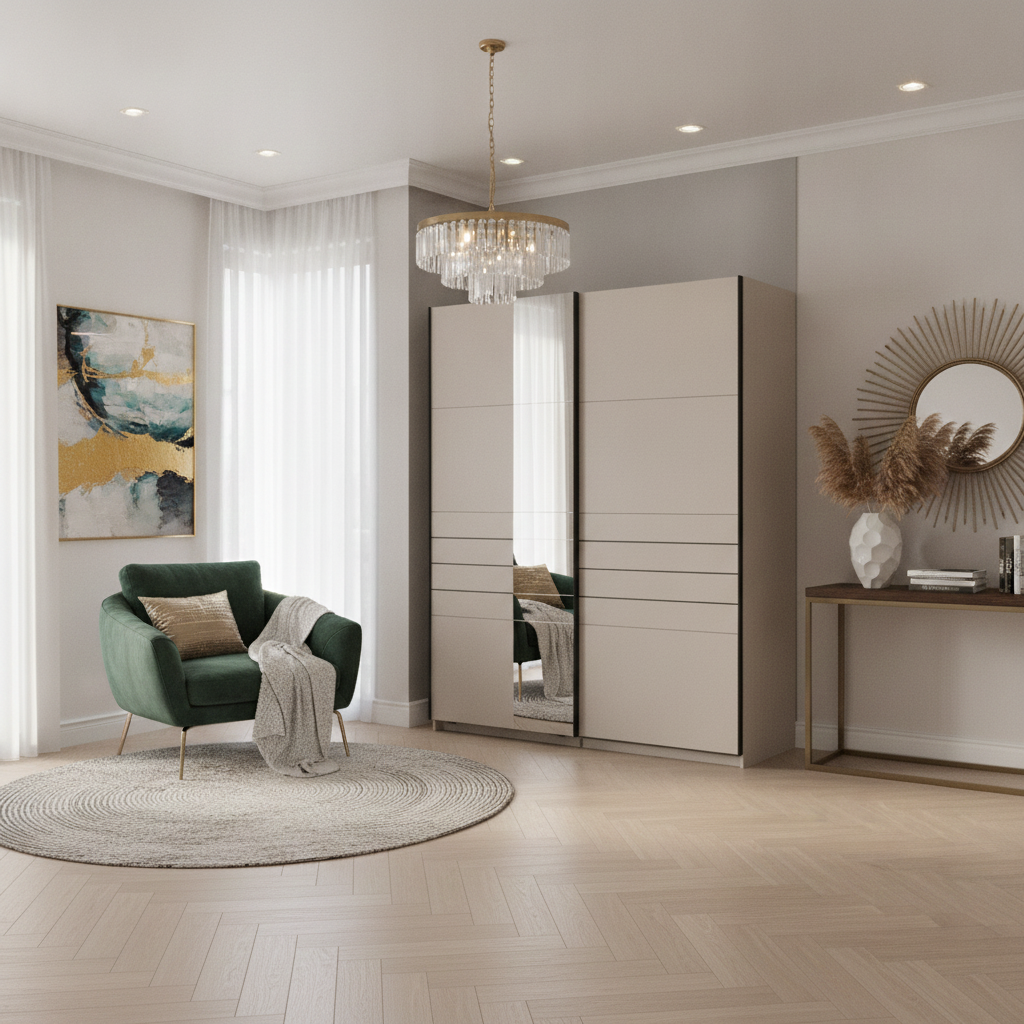 Veymont Cashmere Taupe And Mirrored 150cm Sliding Door Wardrobe - 11014744