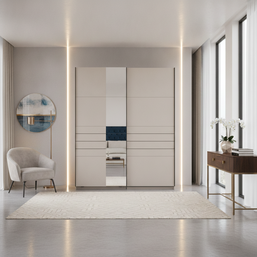 Veymont Cashmere Taupe And Mirrored 150cm Sliding Door Wardrobe - 11014744