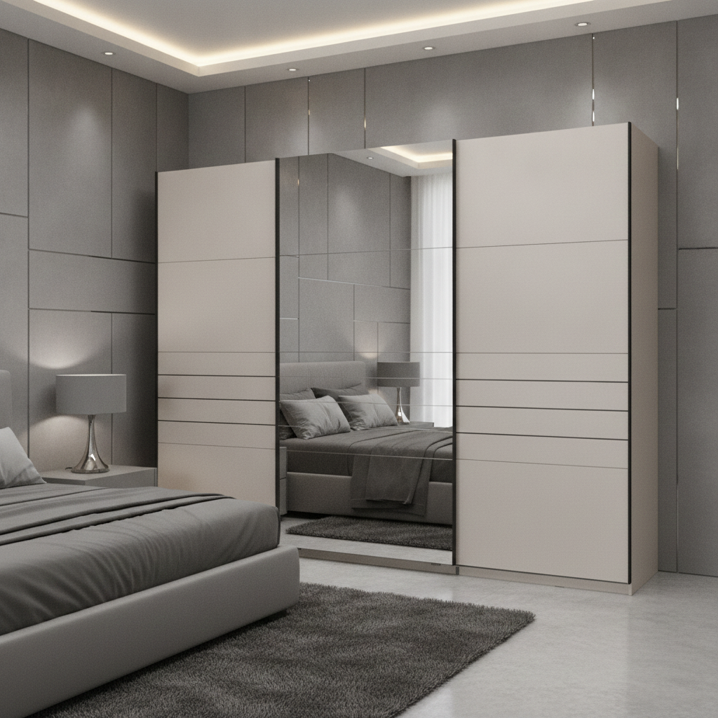 Veymont Cashmere Taupe And Mirrored Extra Large 270cm Sliding Door Wardrobe - 11014748
