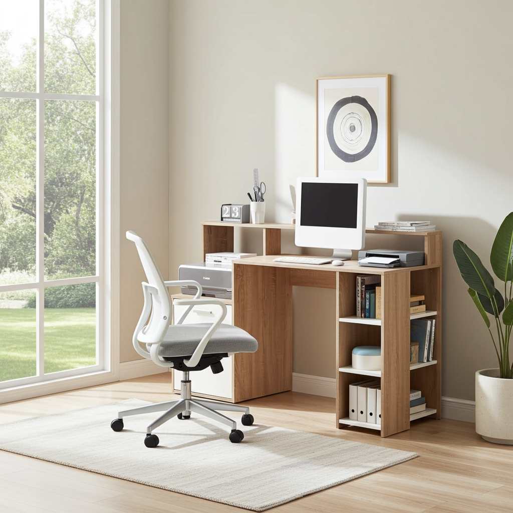 Sense Desk with Hutch in Oak & White
