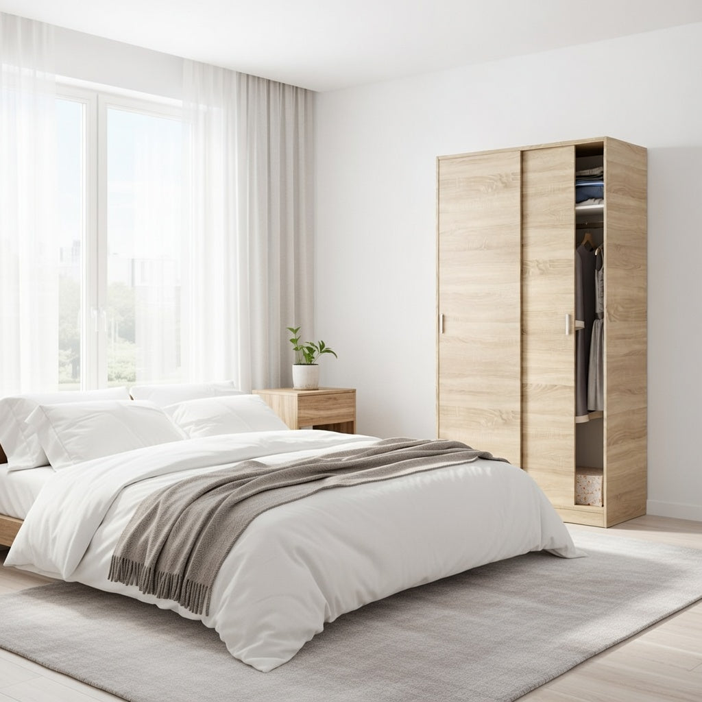 Zian Canadian Oak Effect Small Narrow Space-Saving Sliding 2 Door Wardrobe 100cm Wide - MAX019F