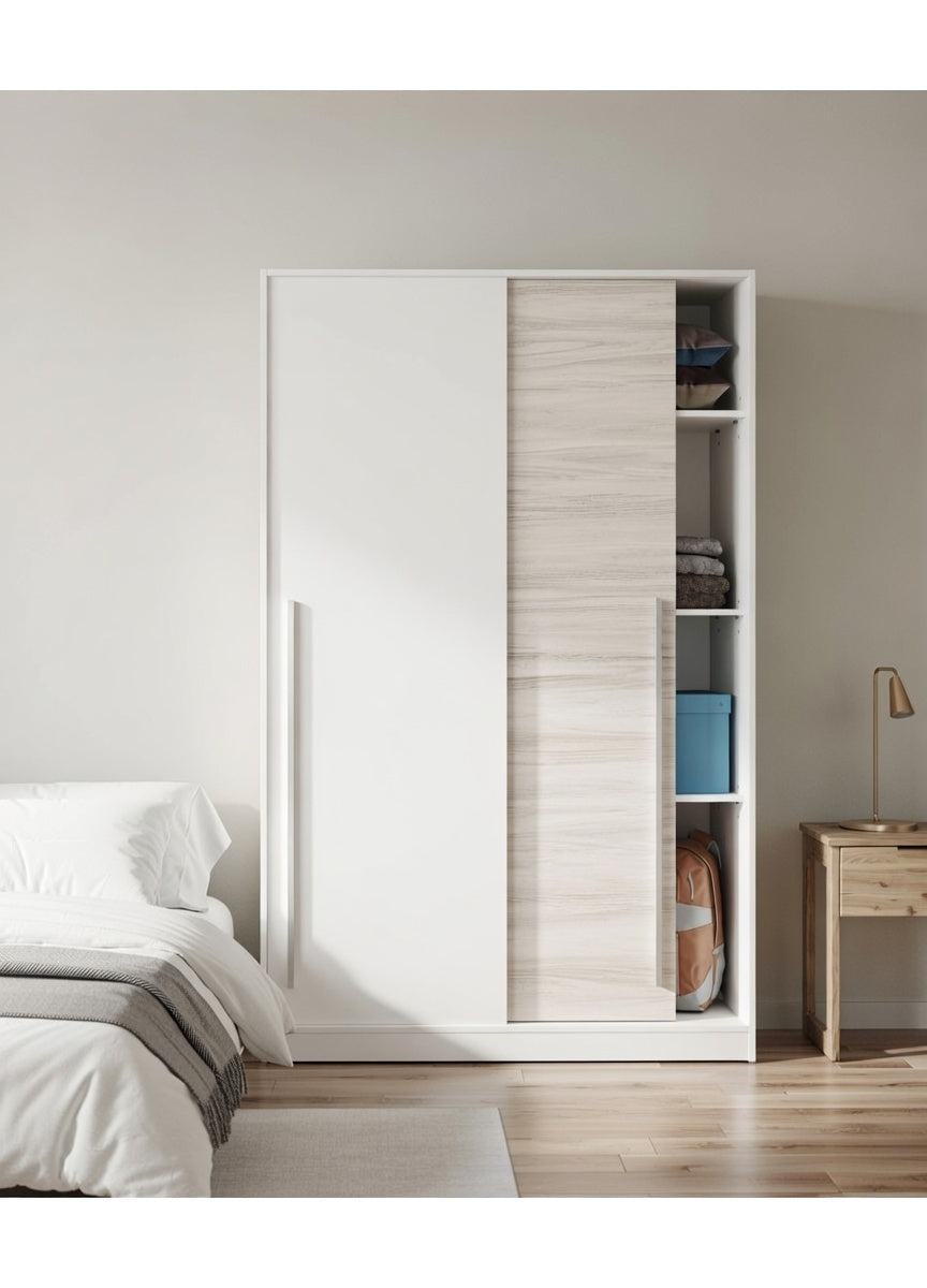 Chilton Artic White and White Oak Effect Small Narrow Sliding 2 Door Wardrobe 120cm Wide - TOP121A