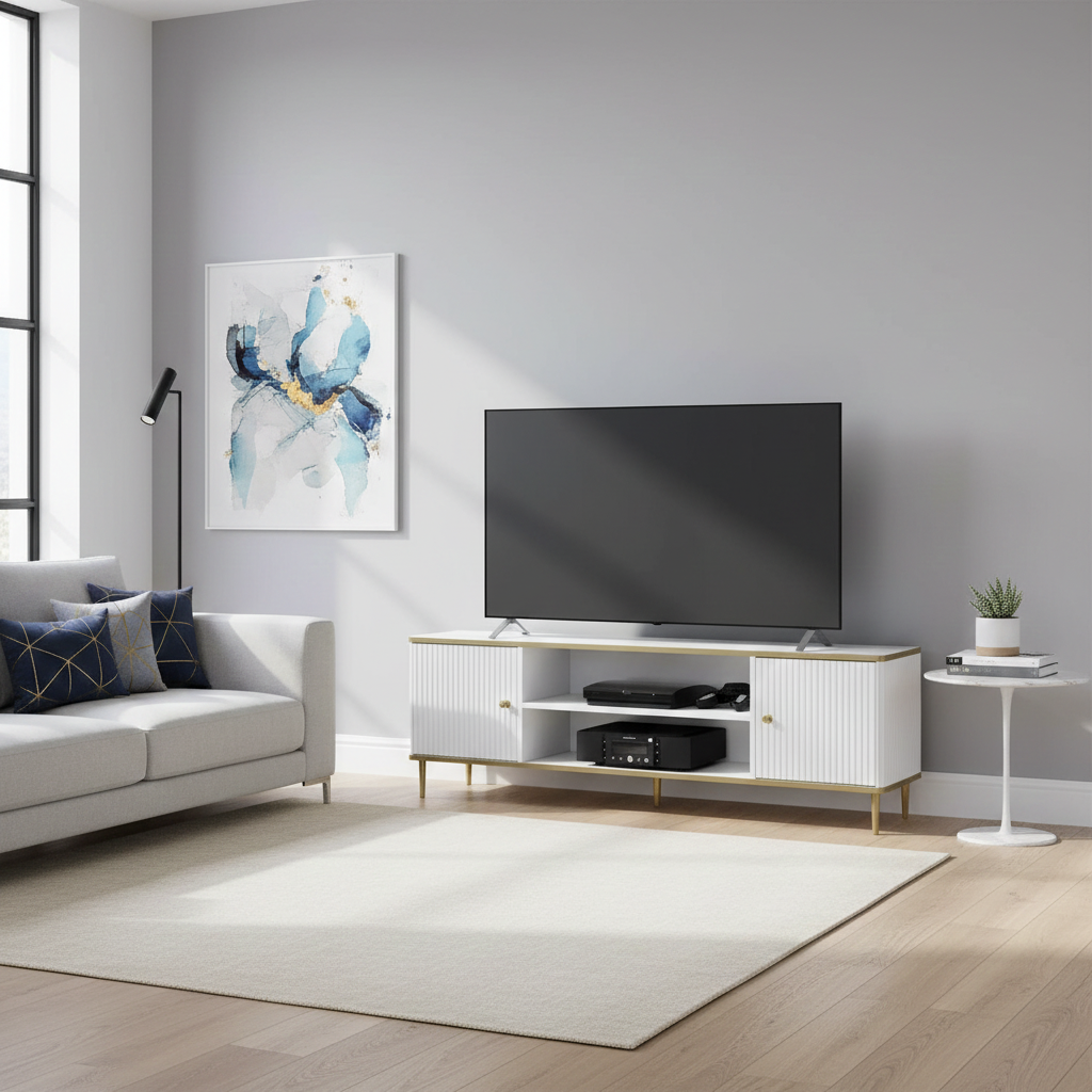 Camelienne Slatted White And Gold Elegant Large TV Cabinet With 2 Doors 3147RZ