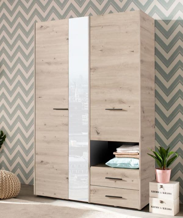 Matera 3 Door Grey Oak Wardrobe With Drawers And Mirror- 11008262