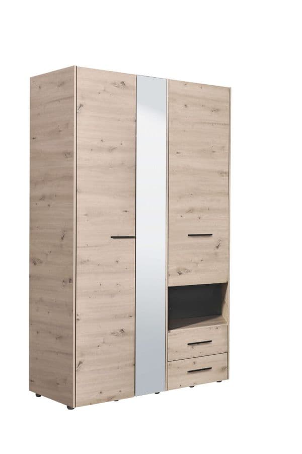 Matera 3 Door Grey Oak Wardrobe With Drawers And Mirror- 11008262