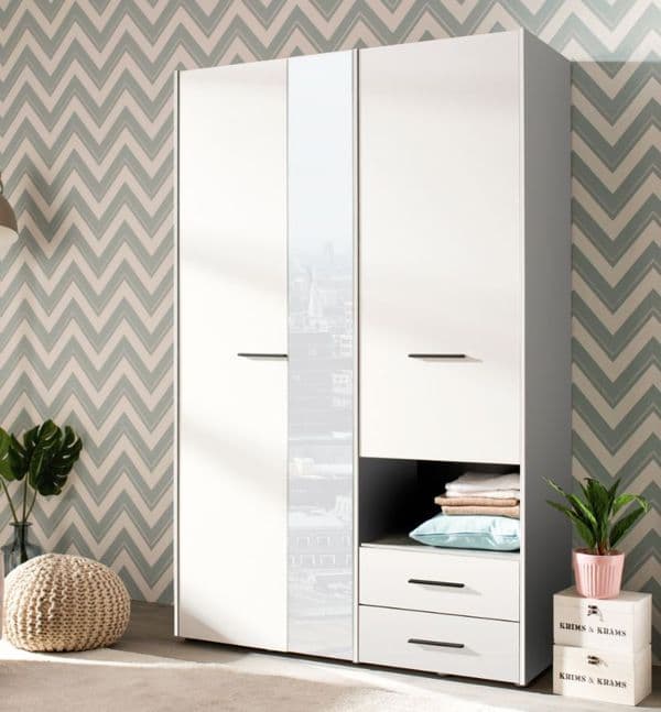 Matera 3 Door White Wardrobe With Drawers And Mirror- 11008264