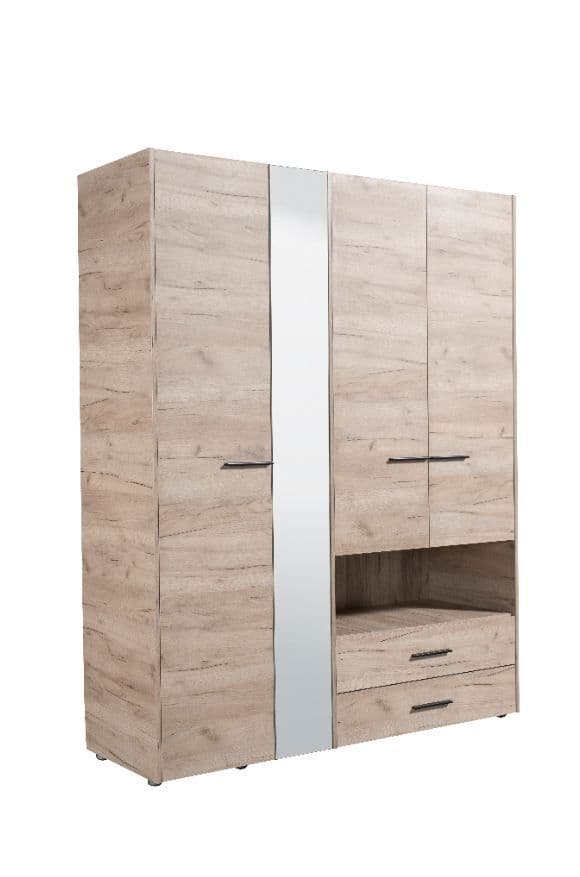 Althena 4 Door Oak Effect 161.5cm Wardrobe With Open Shelf And Drawers